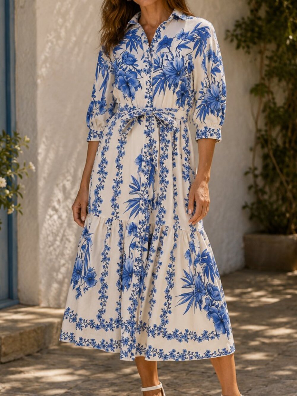 NWT CALYPSO ST. BARTH Linen Blend Blue & White Flowers Belted Maxi Shirt Dress L
